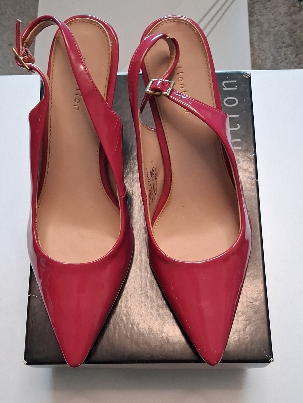 attention Pink Patent Pointed Slingback Heels with Gold Buckle